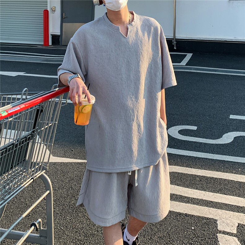 2026夏V领短袖冰丝T恤套装大码男纹理提花半袖 TZ5677/特P45 灰2图片