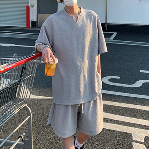 2026夏V领短袖冰丝T恤套装大码男纹理提花半袖 TZ5677/特P45 灰2图片
