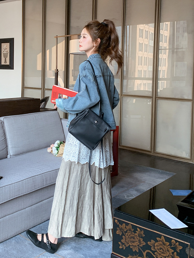 蓝色新中式国风一整套穿搭女2025春季牛仔外套叠穿蕾丝内搭,女装短外套,浙宝192（原082）