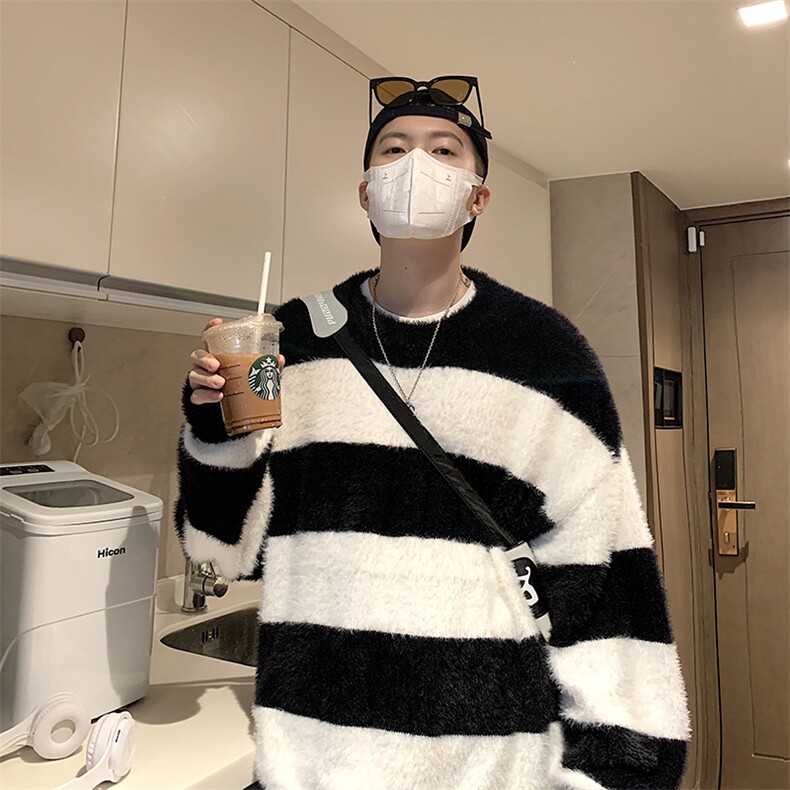 现货~秋冬马海毛宽松毛衣男式粗条纹针织衫XZ716A-1-M295P75，男装针织衫/毛衣，星座716A-1（原星座815）