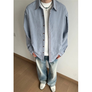 复古十字刺绣条纹衬衫长袖男秋季宽松休闲简约衬衣CS214
