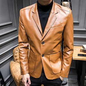 潮流修身皮西装小码男装原创PU皮皮外套休闲西服男士韩版J图片
