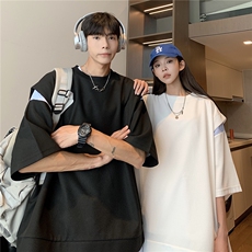 情侣装港风设计条纹衬衫拼接潮情侣短袖T恤上衣男G1052P45女，男装T恤，电商A339