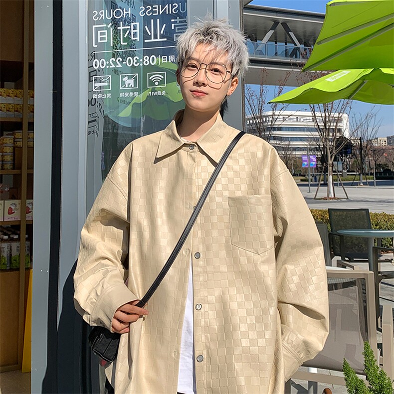 新款韩系潮流棋盘格皮衣休闲衬衣复古外套PC304-P75-控118,男装衬衫,星座310A-3