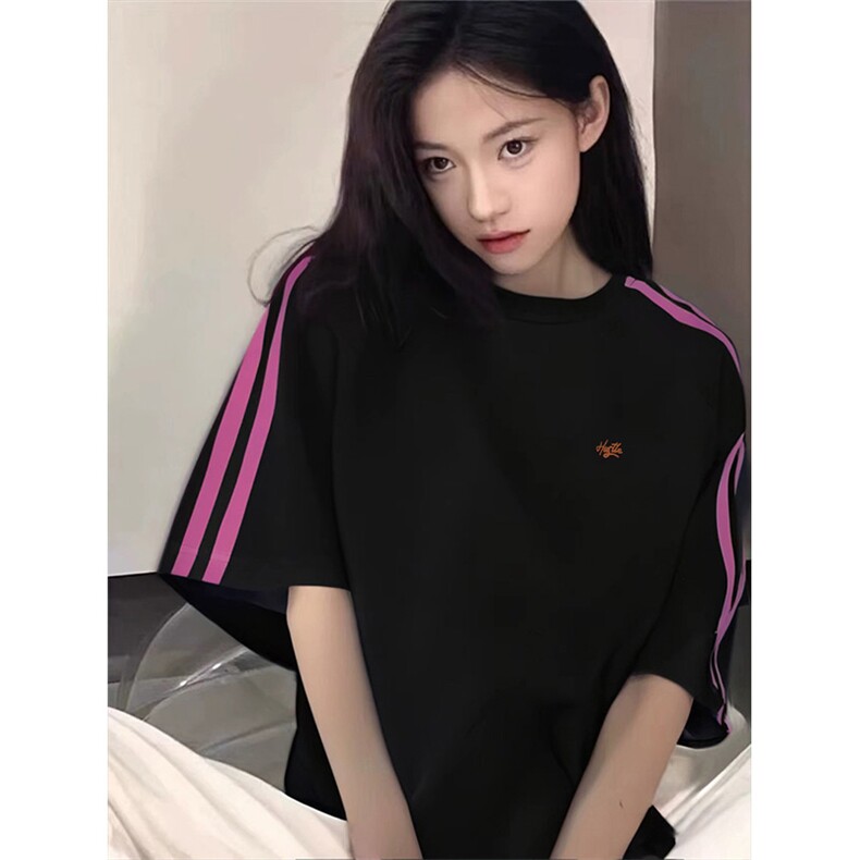 抖音得物品质二开240克宽松纯棉美式潮牌印花三条杠中性风短袖T恤,男装T恤,电商A486-1