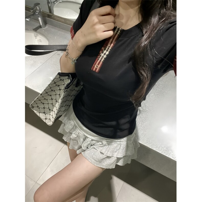 H0970-P35推荐#格子+刺绣包边拉肩修身短袖T恤,女装T恤,星座617A-2