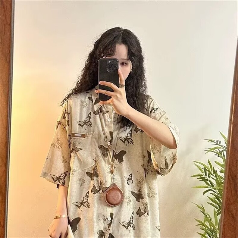 美式复古满印蝴蝶短袖衬衫男女宽松休闲设计感夏季半袖CSK5244,男装T恤,星座516A
