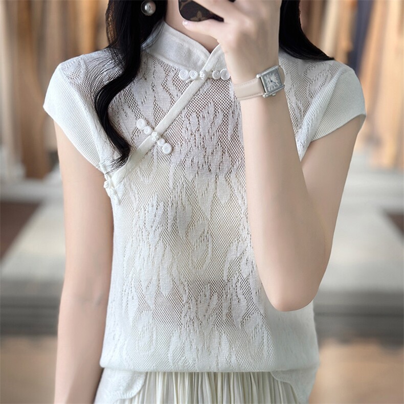 夏季薄款针织打底短袖女旗袍领蕾丝勾花镂空纯色宽松羊毛半袖t恤，女装背心吊带，朝贺羊绒