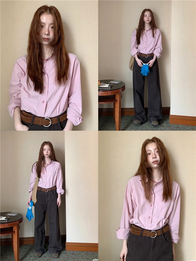 高智感烟粉色~秋季气质通勤百搭经典款纯色长袖衬衫,女装衬衫,湘姗