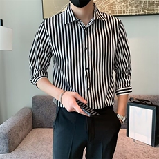 百搭衬衫标准简约ins条纹春季潮男原宿新款七分袖潮流C156-6，男装衬衫，星座1116A-2（原606A-1）