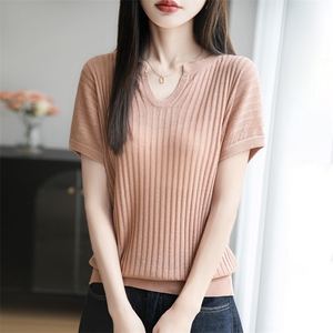 夏季款莱赛尔天丝针织短袖T恤女剪刀V领坑条上衣宽松半袖打底背心图片