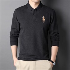 男秋季新款纯色翻领t恤商务休闲简约长袖中年打底上衣DS8282-P80,男装T恤,电商B212（原钱塘6029）
