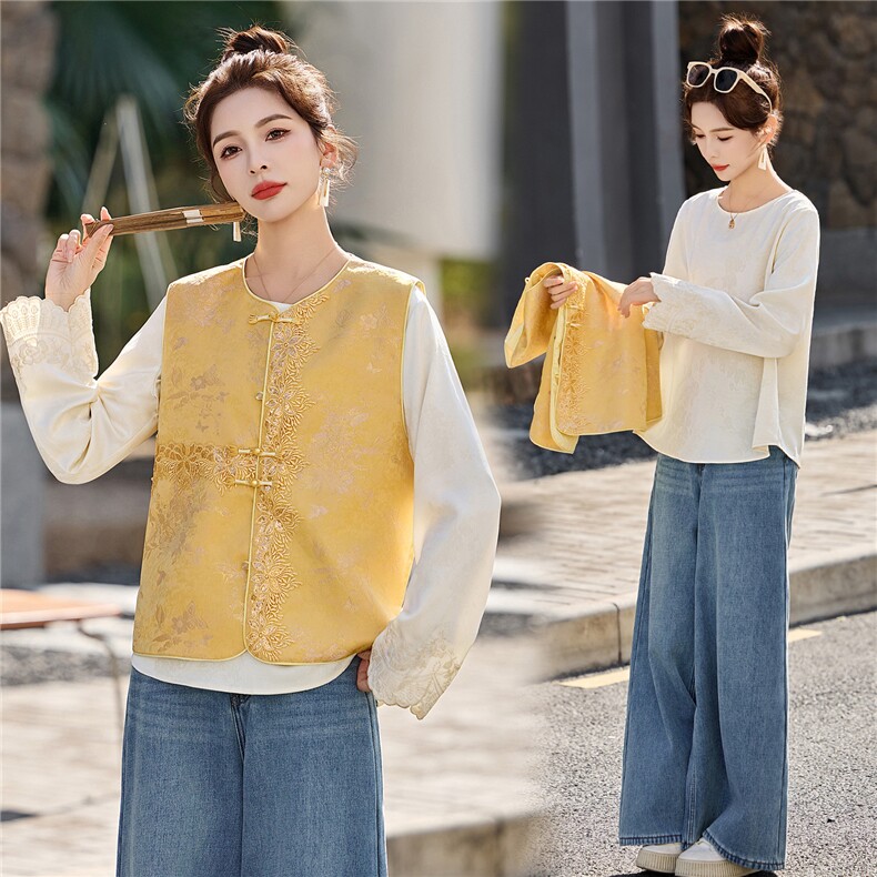 2026年春季新中式重工绣花提花小衫提花马甲两件套,女装套装/套裙,奕薇雅