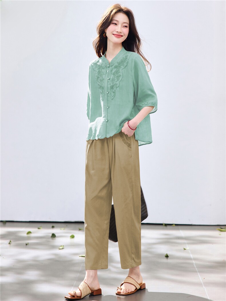 长期现货2026夏季新款天丝苎麻刺绣衬衫T恤中年小脚裤两件套装女,女装套装/套裙,璐依舞