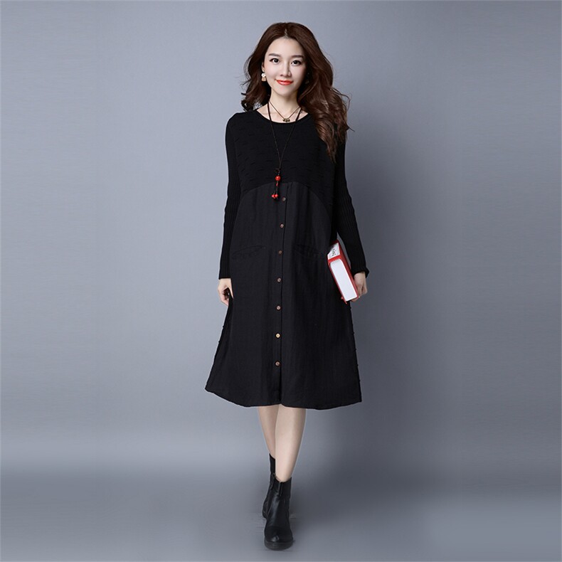 2021年秋季长袖套头连衣裙中长款直筒圆领纯色，女装针织衫/毛衣，独衣靓