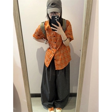 美式橙色设计格纹长袖衬衫男女宽松情侣格子复古铆钉衬衣DXC01P30，男装衬衫，电商D256