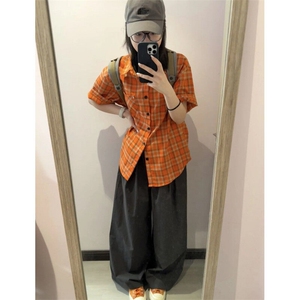 美式橙色设计格纹长袖衬衫男女宽松情侣格子复古铆钉衬衣DXC01P30图片