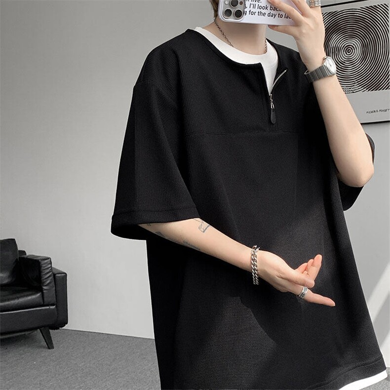 现货DX10140-特P38控78美式假俩件T恤领短袖男大码休闲半袖,男装T恤,电商A059
