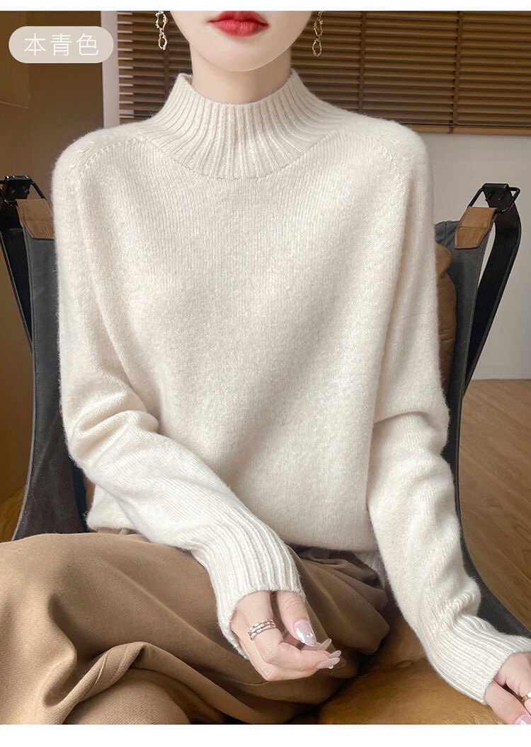 2025年秋季常规款套头长袖单件通勤舒适时尚百搭半高领，女装针织衫/毛衣，浙麦羊绒