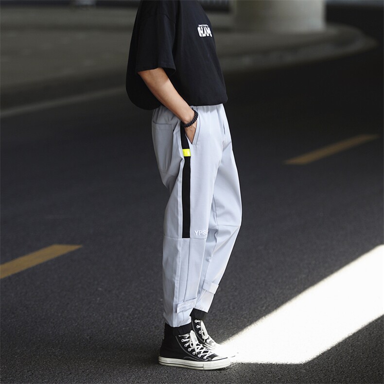 法式机能裤男亮色竖条潮牌宽松直筒束脚裤休闲长裤Y012,男装休闲裤,星座1501