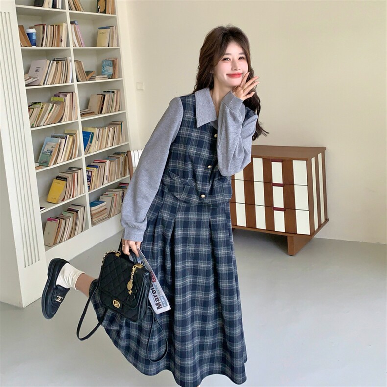 出货春新款格子拼灰色假两件连衣裙2C198-6826-P175K278,女装连衣裙,2C198