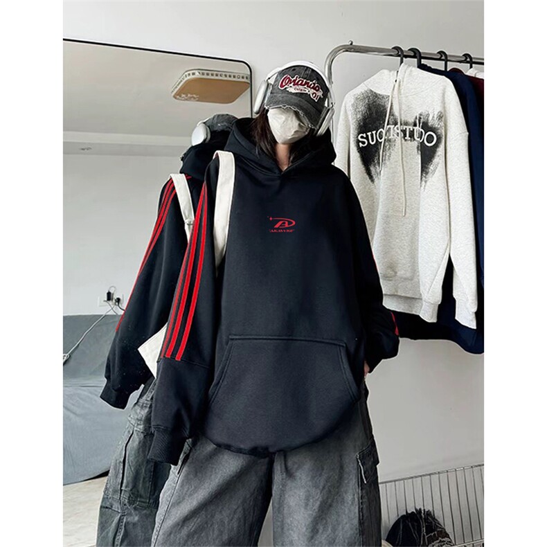 抖音得物高品质480克全棉加绒加厚宽松织带连帽印花卫衣A2303，男装卫衣，电商A443