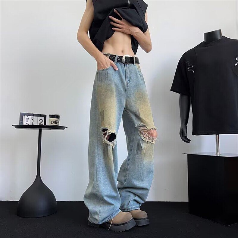 美式街头水洗做旧破洞牛仔裤男春秋直筒宽松欧美高街vibe风长裤子图片
