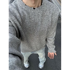 灰色破坏风毛衣男秋冬季潮牌痞帅慵懒cleanfit宽松内搭针织打底衫，男装T恤，四季星座505