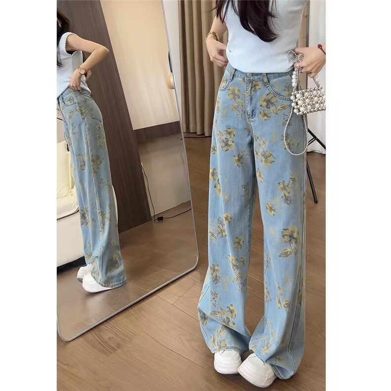 黄碎花直筒牛仔裤女夏季薄款2025年新款显瘦阔腿宽松设计感裤子女,男装牛仔裤,星座1210-1