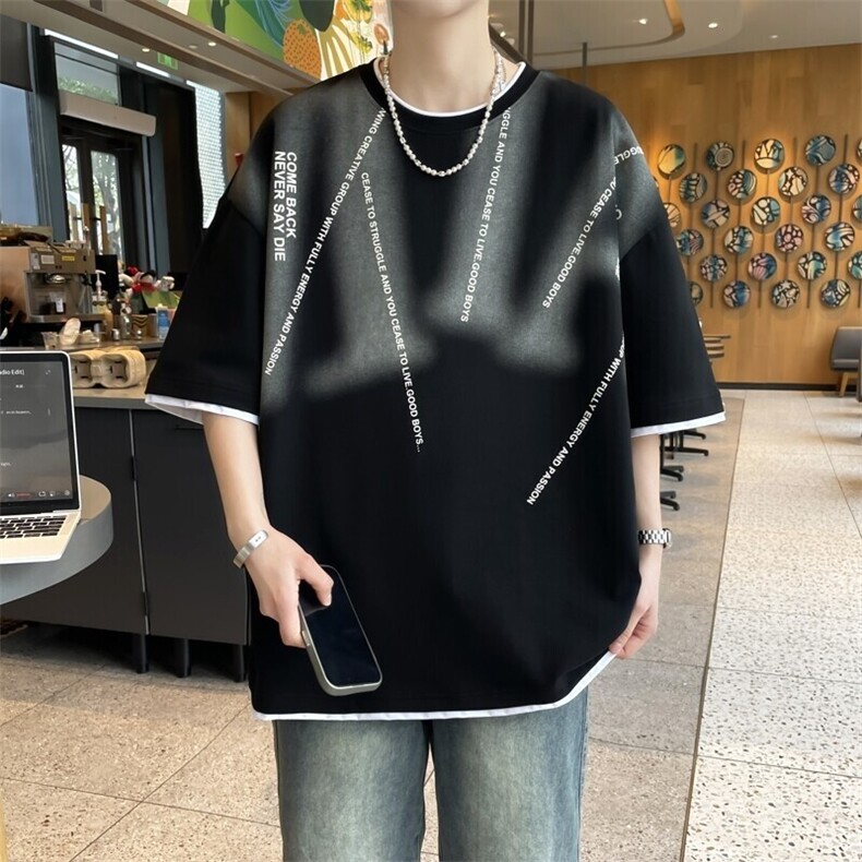 25156-特P40夏季休闲T恤男短袖打底衫青少年假两件潮牌印花T恤图片