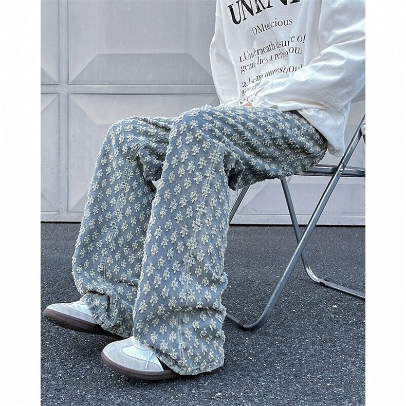 浅蓝色提花牛仔裤男女潮牌痞帅炸街裤子美式高街直筒微喇裤N8211，男装牛仔裤，星座601-2