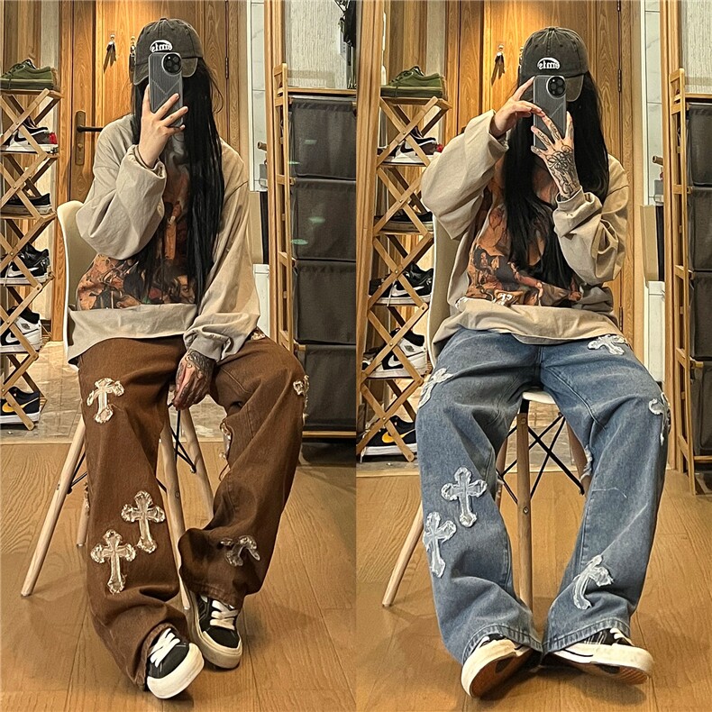 2026秋季新款美式十字架贴布刺绣牛仔裤女模XZ604-KN08-P65控78,男装牛仔裤,星座604