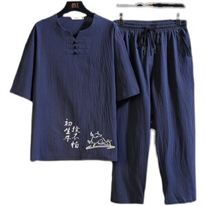 2021夏新风咖啡厅盘扣装饰亚麻男大码印花短袖套装TZ001-P60图片