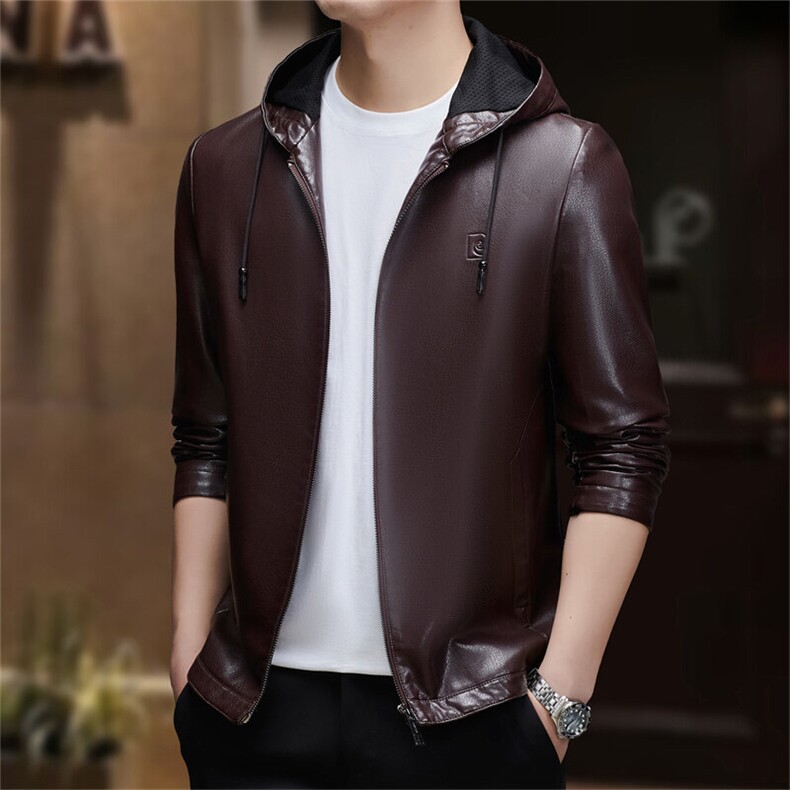 皮尔卡丹男士2025年春季新款潮流连帽机车上衣服休闲皮夹克外套男,男装夹克,电商B212（原钱塘6029）