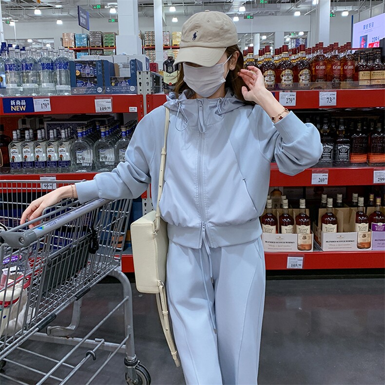 蓝色超好看连帽卫衣套装女2025秋新款小个子休闲运动阔腿裤两件套,女装套装/套裙,2C176