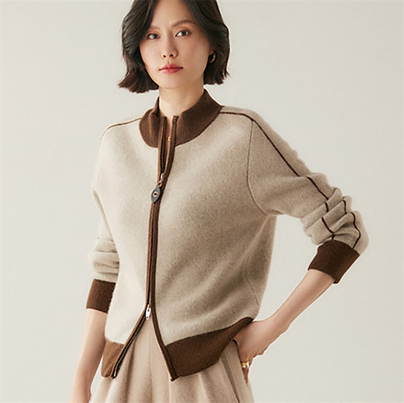 撞色立领拉链毛衣baby小山羊绒针织开衫外套女2024秋冬高级感上衣，女装短外套，绒创羊绒