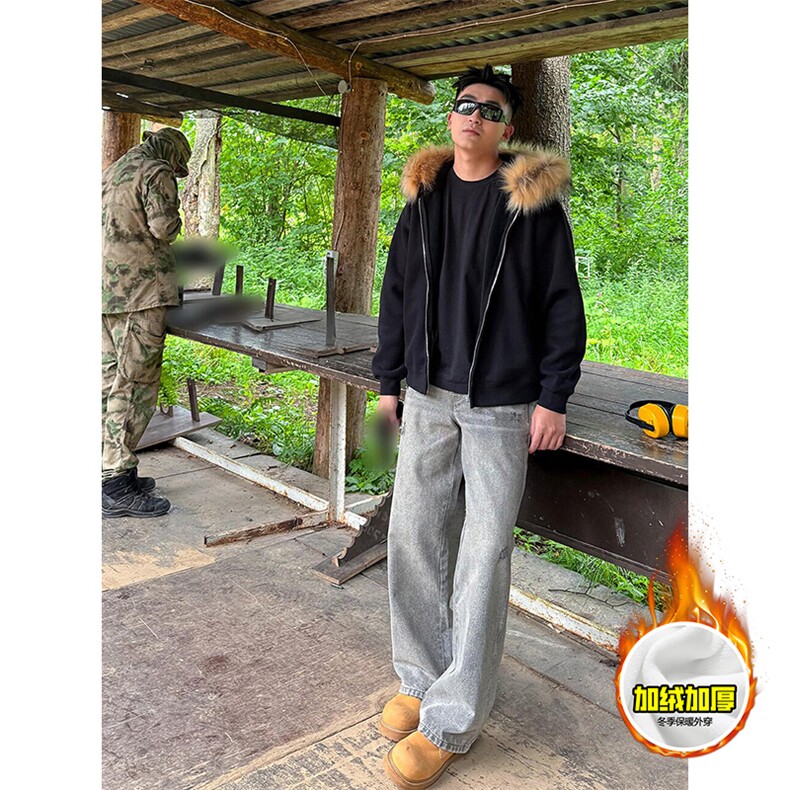 480G重磅加绒硬挺boxy秋冬美式高街超大毛领座山雕连帽卫衣厚外套，女装短外套，电商A486