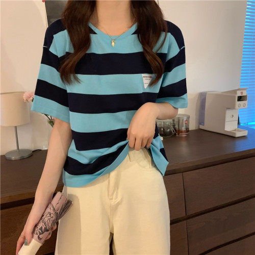 冰丝圆领套头撞色条纹修身百搭短袖针织上衣女，女装T恤，潮品会
