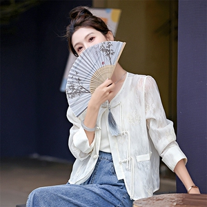新中式国风外套女夏季薄款宽松复古刺绣盘扣蕾丝防晒衣外搭上衣图片