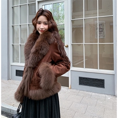 新款现货2B114-P485-K725鹿皮绒真狐狸毛90白鸭绒派克服，女装羽绒服，2B114