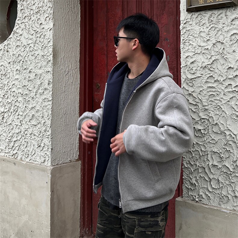 抖音得物高品质二开26春装美式重磅宽松结构双面连帽卫衣外套W68,女装短外套,电商A486