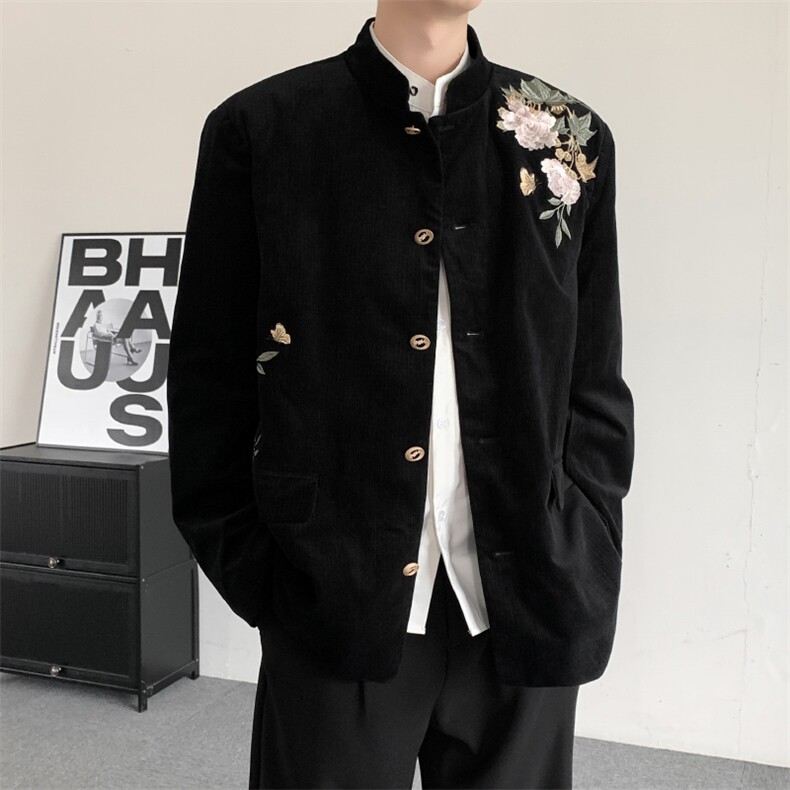 春秋新中式立领黑色牡丹蝴蝶刺绣金属扣西服男女同款休闲外套,男装西服,星座909