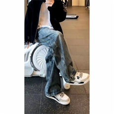 新款潮流美式复古闪电纹褶皱牛仔裤高街阔腿老爹cleanfit牛仔裤潮，男装牛仔裤，星座302B