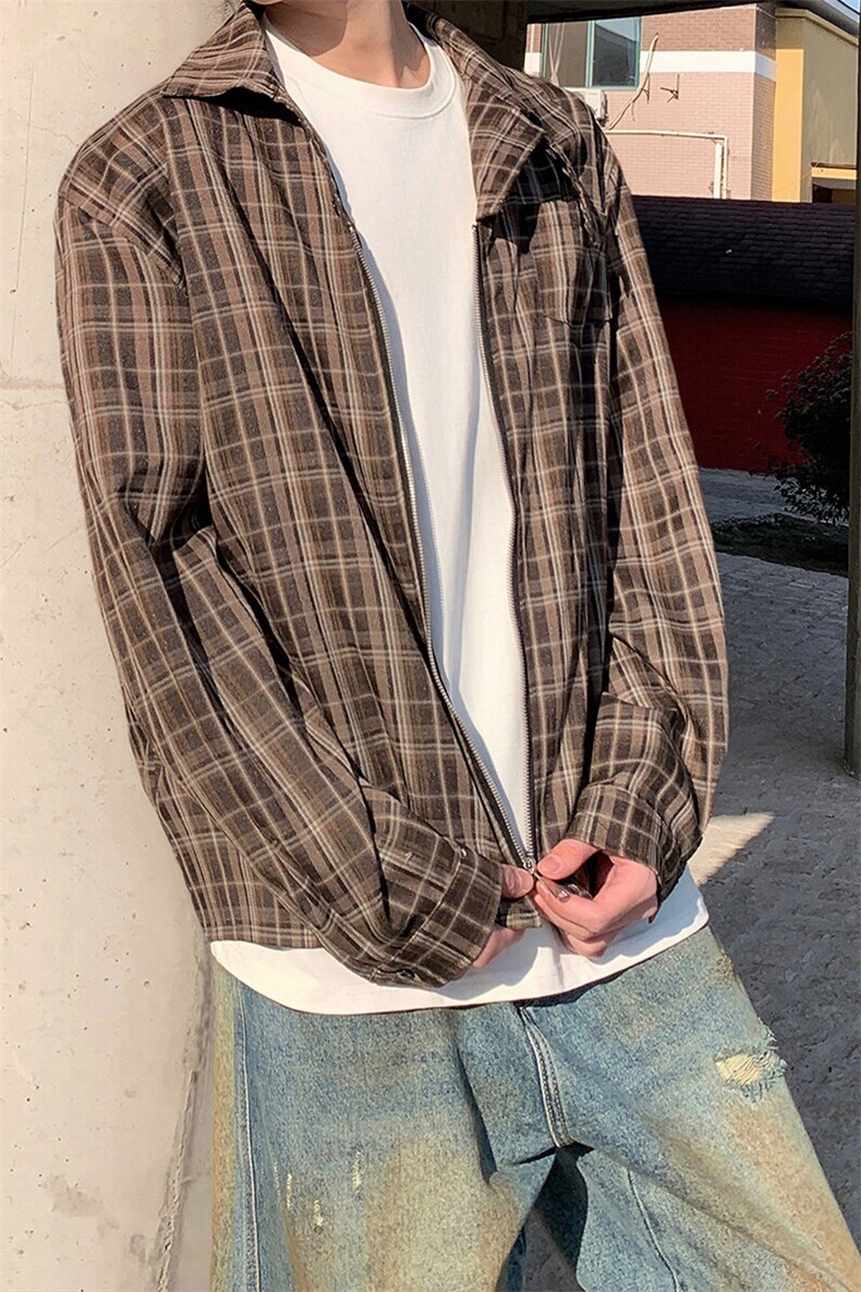 休闲高级感撞色格子衬衣复古时尚情侣款个性格子衬衫HY712TP55,男装衬衫,电商A102B