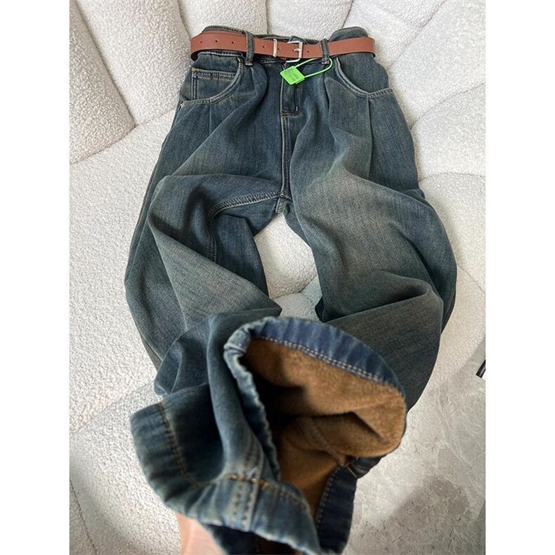 宽松复古水泥灰牛仔裤女秋冬加绒新款早春显瘦高腰垂感拖地阔腿裤图片