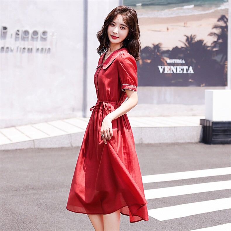 娃娃领天丝连衣裙女2022年夏季新款法式复古洋气气质中长款裙子,女装连衣裙,辉之琳