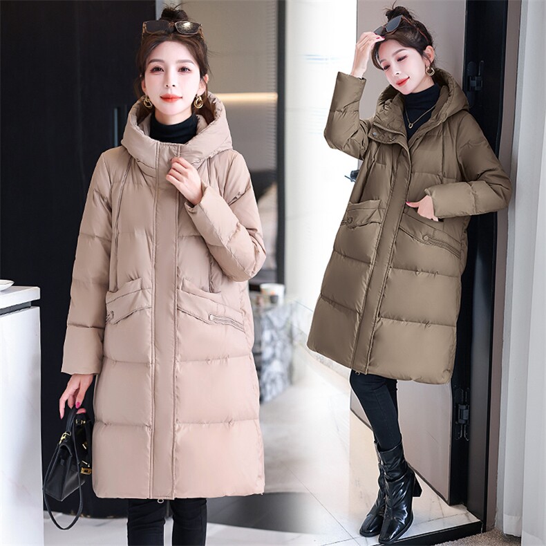羽绒服女中长款过膝2023年新款冬季宽松连帽显瘦白鸭绒,女装羽绒服,时尚俏佳人