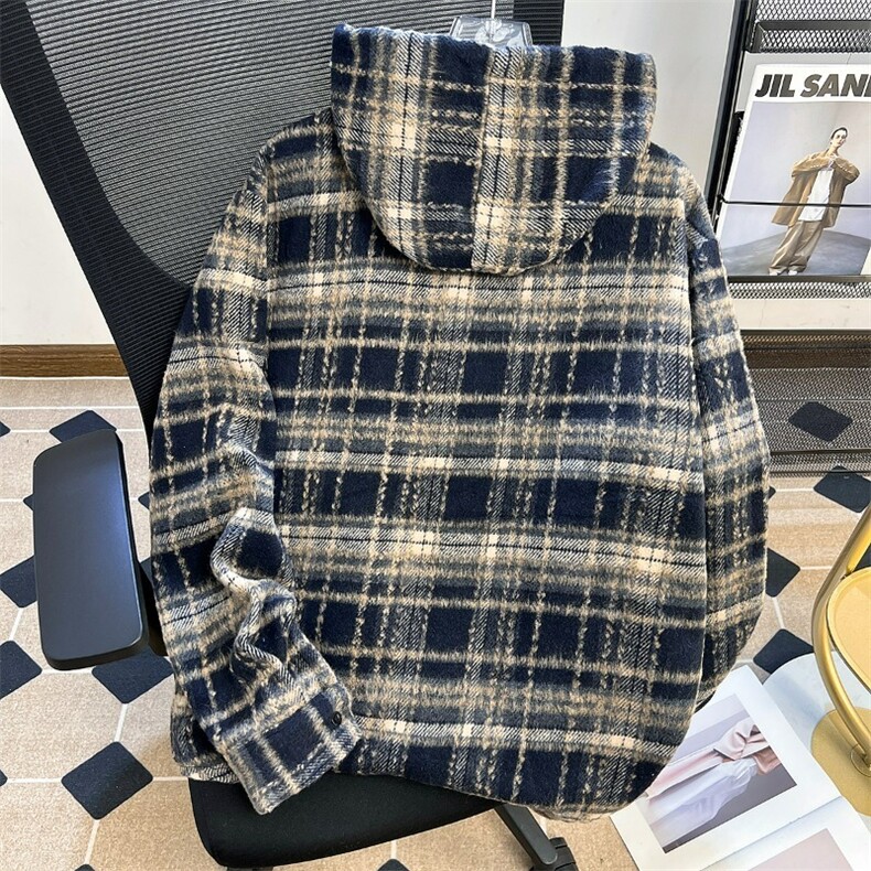 连帽毛呢衬衫男女秋冬潮慵懒风格子衫上衣保暖内搭衬衣HH614P52,男装衬衫,星座1013-5
