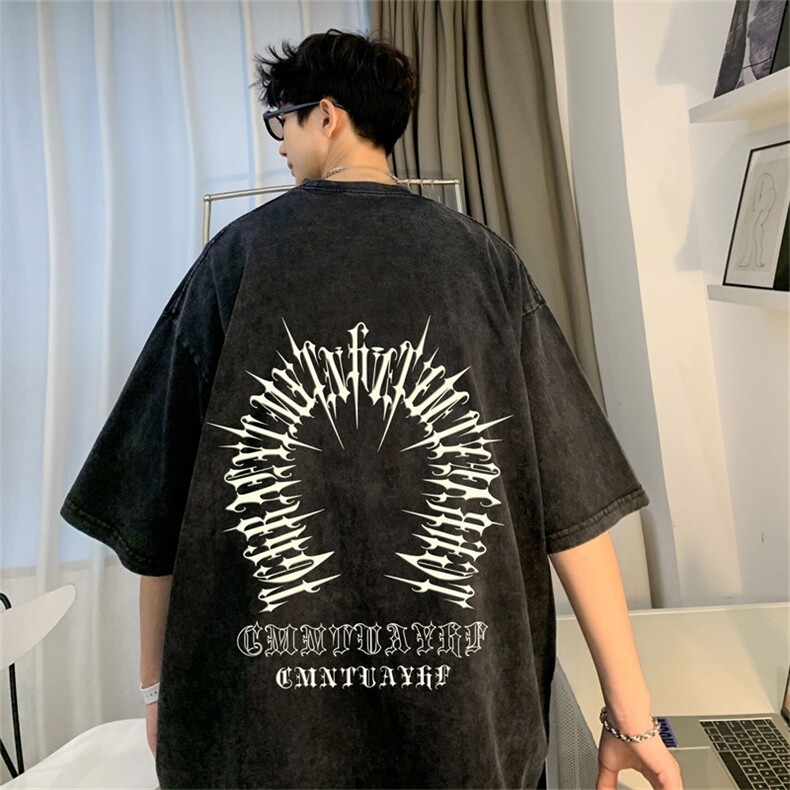 DSA028-SXDT2310 P32重磅蜡染克美式复古水洗潮牌印花短袖男图片