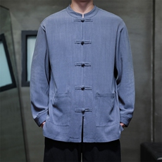 现货2025风式大码中式茶服纯色亚麻立领长袖衬衫T626-P75控98，男装衬衫，电商A021